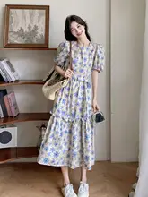 フラワープリント バブルスリーブ ワンピース【フリル付き・夏用・Aライン・長袖】