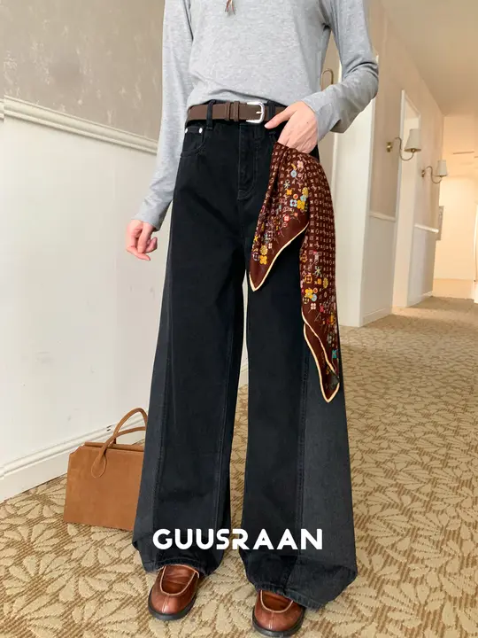 高腰デニムパンツ【コットン製・ワイドレッグ・カラーブロックデザイン・秋用】