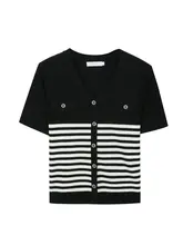 クラシックストライプのVネックニットトップス【大きいサイズ・エレガント・夏用】