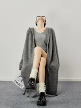 Guuli グレー フード付きロングニットカーディガン【女性用・秋冬用・デザイン性あり】