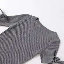 蝶々結び装飾の畦編みクルーネック半袖ニット【秋用・女性用】