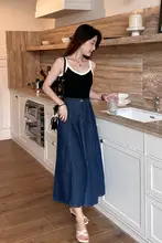 レトロデザイン深い青色のハイウエストデニムAラインスカート【膝下丈・フレアシルエット】