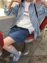 ブルーチェックデザインシャツジャケット【秋用・韓国風・スタイリッシュ】