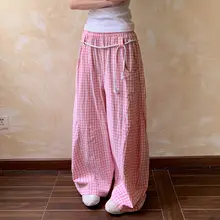 レトロチェック柄のカジュアルパンツ【女性用・ストリートスタイル・ワイドレッグ・ゆったり・スリム効果】（セットアップ対応）
