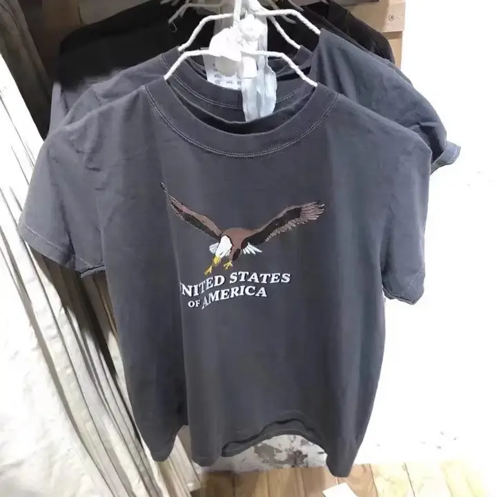アメリカンスタイルの丸首Tシャツ【半袖・クロップド・鷲のプリント】