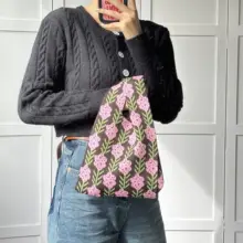 ラベンダー手提げバッグ【春夏用・ニット・ショルダーバッグ・お弁当袋】