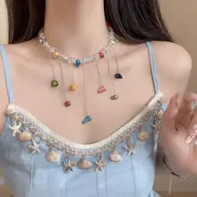 春夏用カラフルな水晶フリンジビーズネックレス【ラグジュアリー感・デコルテチェーン・可 愛いデザイン】