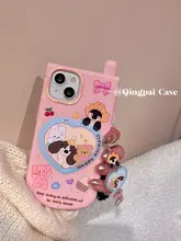 ふた付きミラー 犬 iPhone 15 Pro 用ケース ピンク 可愛い 創造的 フルカバーソフトケース