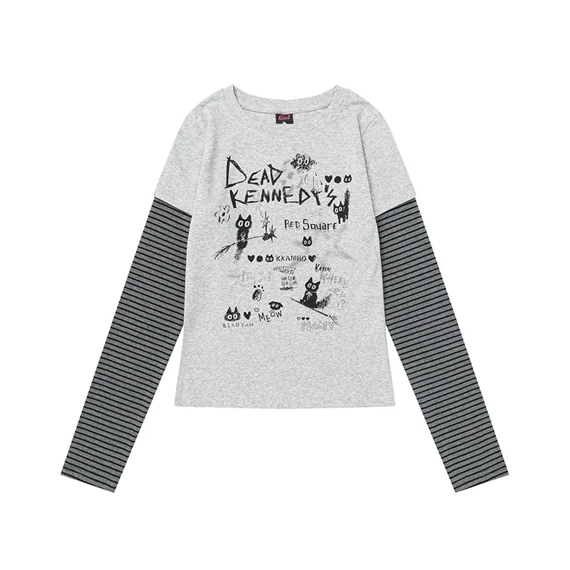ストライプ切替デザインの長袖Tシャツ：春の日常着に最適な修身型スタイル