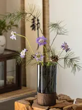 シンプルで創造的な新中式木製トレー付きアクリル直筒花瓶【富貴竹・雪柳・リビング装飾用】