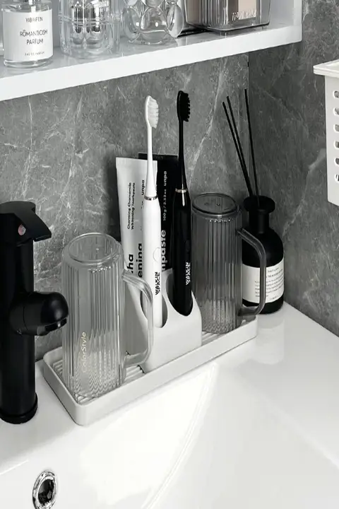 洗面用カップ収納セット【歯ブラシカップ・家用・カップホルダー付き】