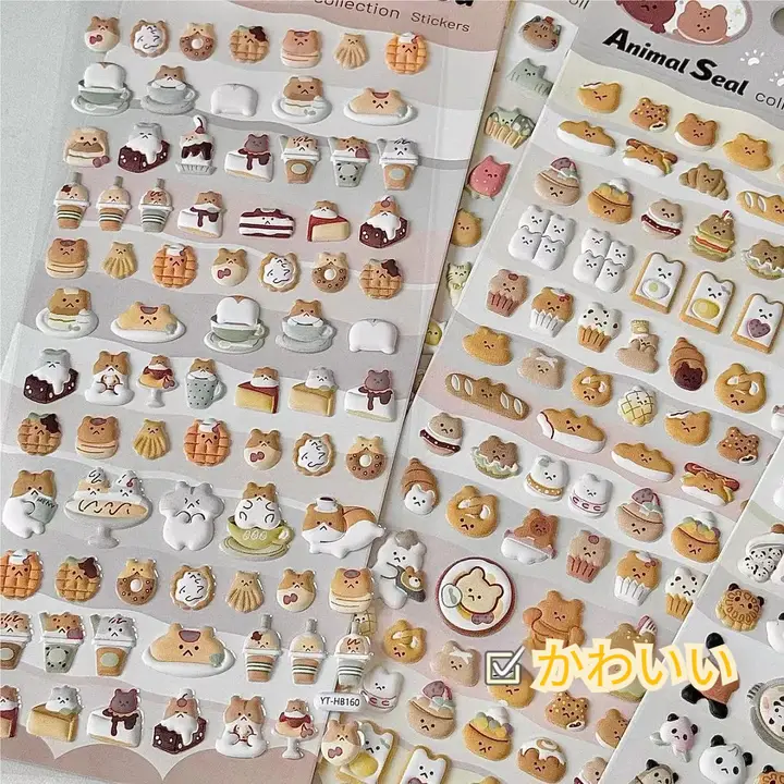 立体カートゥーン動物デコレーションシール【子供用・日記用・猫と食べ物デザイン】