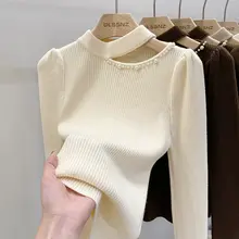 半高ネックニットセーター【秋冬・肩出しデザイン・透かし編み】