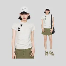 猫デザイン 半袖 Tシャツ レディース 夏用 スリムデザイン グレー プリント