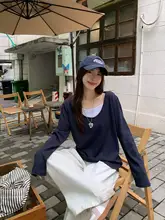 長袖Tシャツ レディース トップス フェイクレイヤード パッチワーク バイカラー ルーズ インナー おしゃれ 秋 「morning bloom」