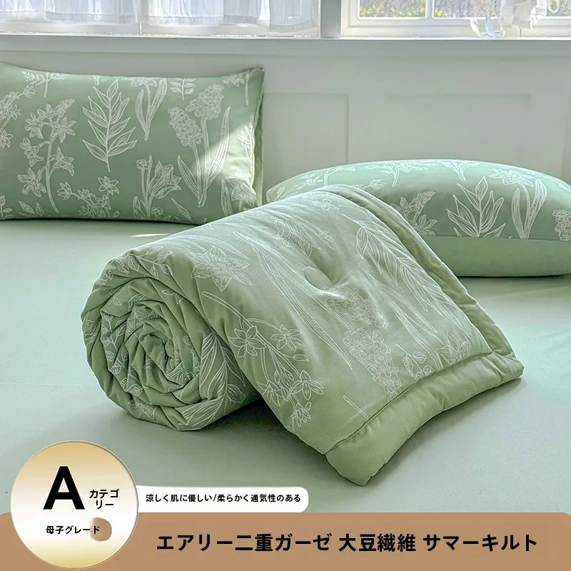 爽やかなグリーンの二重ガーゼ夏用冷却ケット：通気性と洗濯性を重視した涼感掛け布団の実用性解析