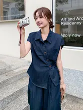 夏用天絲デニムシャツ【ビンテージデザイン・半袖・ゆったりシルエット】とワイドパンツ（セットアップ対応）