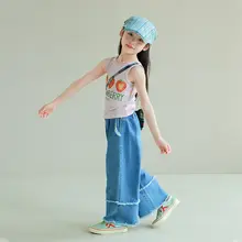 デニムパンツ キッズ ガールズ ほつれ加工 ストレート ルーズ 着回し カジュアル 春物
