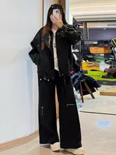 美ラインのブラックワイドレッグデニムパンツ【アメリカンストリートスタイル・大きいサイズ・体型カバー】（セットアップ対応）