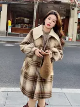 チェック柄ニット襟ダウンコート【冬用・女性・暖かいデザイン】