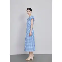 ウエストレースアップチェック柄ワンピース【夏用・短袖・ロング丈】