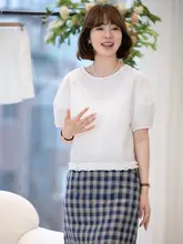 白色ラウンドネックトップス【コットン100%・短袖・花柄レースデザイン】