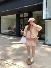 甘くて可愛い配色の毛糸カーディガンとハイウエストスカート【短丈・リブ編み】（セットアップ対応）