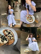 学院風のブルータイシャツとフレアスカート【女性用・高級感・フルスリーブ】（セットアップ対応）