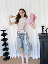 春夏用 花柄クマデザインジーンズ【女性用・カジュアルショートパンツ】（セットアップ対応）