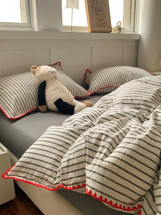 寝具四点セット コットン100%  ストライプ柄 シンプル 寮用