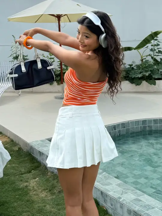 編み紐ウエストのプリーツスカート【夏用・ハイウエスト・ショート丈】