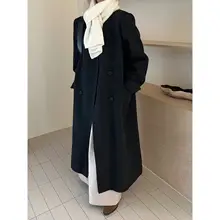 深冬用&nbsp;独特なデザインの黒いウールコート【厚手・中長丈・女性用】