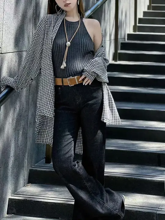 レトロチェック柄長袖カジュアルシャツ【襟付き・秋冬用】