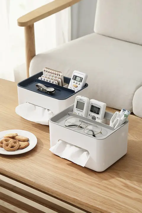シンプルなデザインのティッシュボックス【リモコン収納機能付き・多機能デスクトップ用】