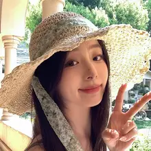 フラワーレース付き 日除け編み草帽【夏用・ビーチリゾート・UVカット】