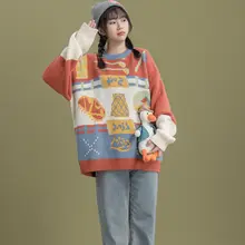 tgea フェミニンカジュアルニットセーター【秋冬用・ルーズフィット・配色・ラウンドネック】