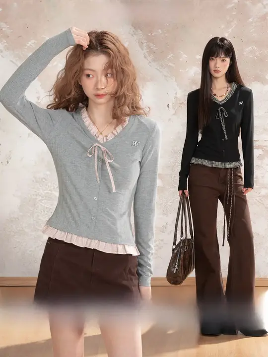 バイカラーVネック長袖Tシャツ【秋用・デザイン性・ゆったりフィット】（セットアップ対応）