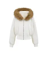 フード付き取り外し可能なファーの裏起毛パーカー【女性用・ショート丈・ジッパータイプ】