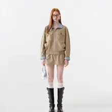 ジャケット スカート 2点セット レディース チェック柄 テーラーカラー マルチポケット ワーク風 カーキ 春秋「AHMI」