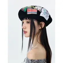 文芸的なレトロ風景油彩ウールベレー帽【秋冬用・女性・韓国風・アーティストスタイル】
