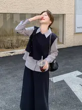 通勤向けの秋冬カジュアルファッション【ストライプ・コントラストデザイン・トップス＆スカート】（セットアップ対応）