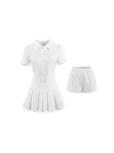 極上の柔らかさ！POLOリ necklineの学院風短袖プリーツAラインワンピース【ウエストマーク・ショート丈】