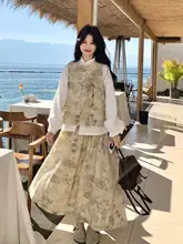 黄色の国風プリントスカート【春・新中式・ノースリーブシャツ・膝下丈・スカート・（セ ットアップ対応）】