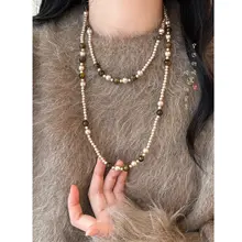 虎目石とパールのロングネックレス【高級感のあるデザイン・ニットのおしゃれなアクセサリー】