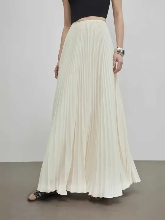 エレガントなフレアシルエットのシフォンハイウエストスカート【夏秋用・大きいサイズ・二重プリーツデザイン】（セットアップ対応）