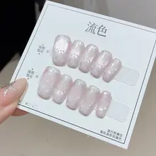 手作りグレーとピンクのチェック柄ネイルチップ【星柄・短め・猫目デザイン】