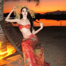 魅力的なオレンジ染ビキニ＆ロングスカート【リゾートスタイル・温泉水着・雰囲気抜群】（セットアップ対応）