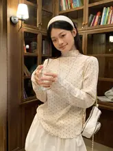 杏色ドット柄ハイネック袖付きTシャツ【レディース・ギャザー付き・秋用・インナー】