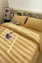 水洗コットンの小さな黄色チェック柄ベッドリネン【フルコットン・学生寮向け・寝具】（セットアップ対応）