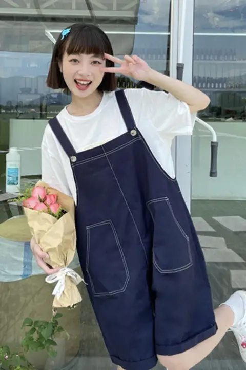 大きいサイズ レディース 夏用 カジュアルTシャツ＆ストレートサロペットパンツ【韓国風・体型カバー・セットアップ対応】